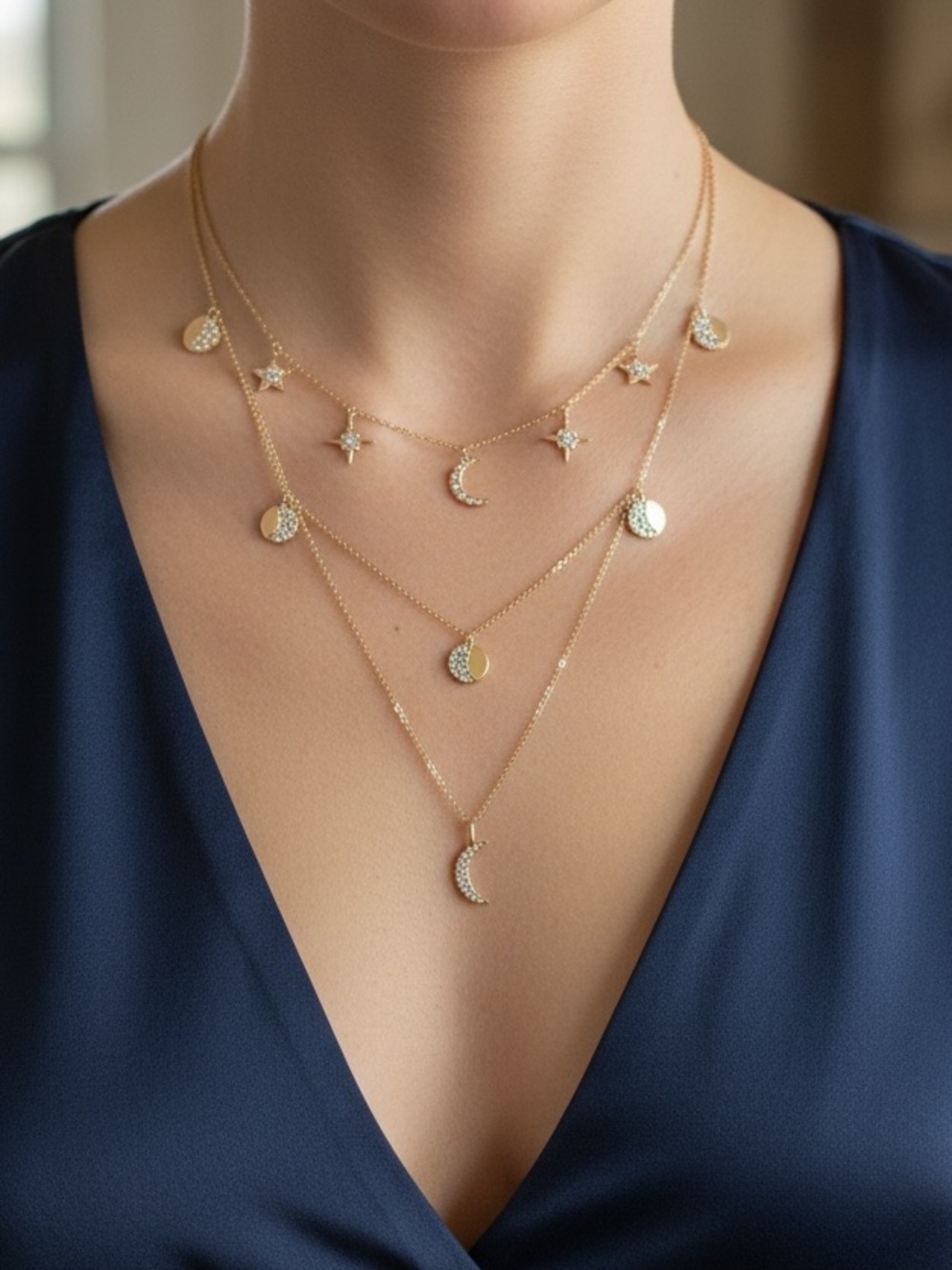 Boho Moon Phases Layered Star Diamond Necklace - Picture 5 of 5